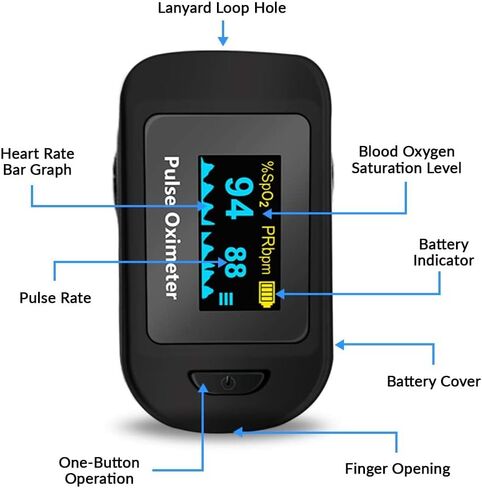 مقياس التأكسج النبضي بأطراف الأصابع، جهاز مراقبة تشبع الأكسجين في الدم (SpO2) مع قياسات معدل النبض ورسم بياني شريطي للنبض، شاشة قراءة رقمية محمولة OLED، البطاريات متضمنة in Kuwait