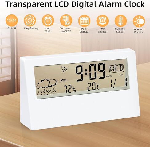 ساعة منبه رقمية، شاشة LCD شفافة مع درجة الحرارة الداخلية، الرطوبة، الغفوة، التاريخ، الأسبوع، 12/24 ساعة، ساعة منبه تعمل بالبطارية لغرف النوم وغرفة المعيشة، بيضاء in Saudi Arabia
