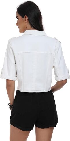 جاكيت Anienaya نسائي قصير الأكمام قابل للتمدد من قماش الدنيم بأزرار سفلية للصيف، جاكيت جينز قصير لسائقي الشاحنات in Kuwait