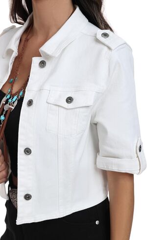 جاكيت Anienaya نسائي قصير الأكمام قابل للتمدد من قماش الدنيم بأزرار سفلية للصيف، جاكيت جينز قصير لسائقي الشاحنات in Kuwait