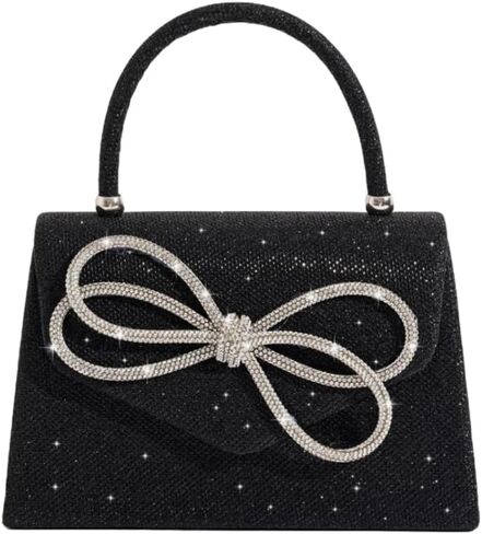 Glitter Bow Decor Square Handbag for Wedding Purses Cocktail Prom - Silver, Black and Champagne golden in Saudi Arabia