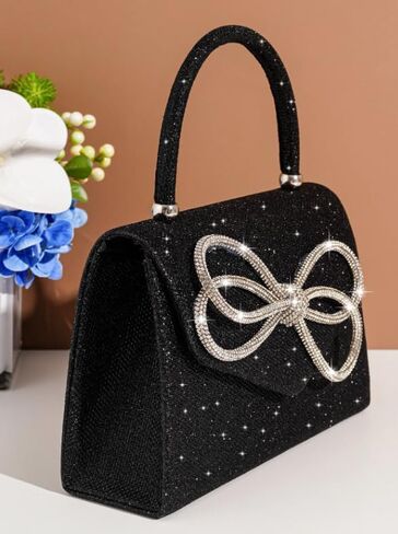 Glitter Bow Decor Square Handbag for Wedding Purses Cocktail Prom - Silver, Black and Champagne golden in Saudi Arabia