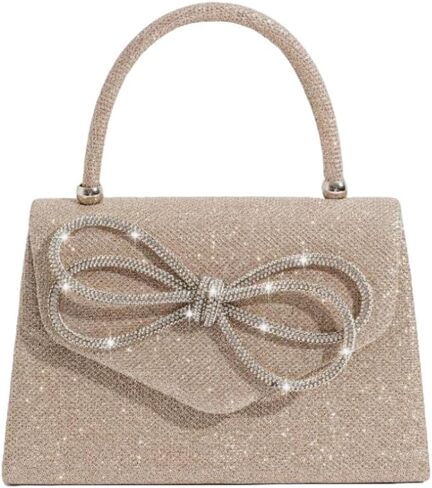 Glitter Bow Decor Square Handbag for Wedding Purses Cocktail Prom - Silver, Black and Champagne golden in Saudi Arabia