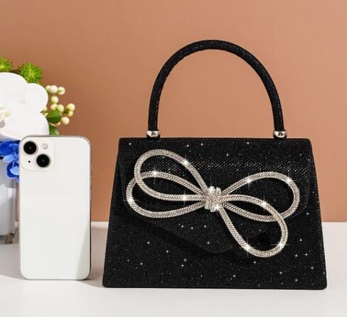 Glitter Bow Decor Square Handbag for Wedding Purses Cocktail Prom - Silver, Black and Champagne golden in Saudi Arabia
