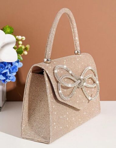 Glitter Bow Decor Square Handbag for Wedding Purses Cocktail Prom - Silver, Black and Champagne golden in Saudi Arabia