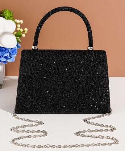 Glitter Bow Decor Square Handbag for Wedding Purses Cocktail Prom - Silver, Black and Champagne golden in Saudi Arabia