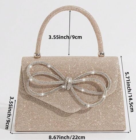 Glitter Bow Decor Square Handbag for Wedding Purses Cocktail Prom - Silver, Black and Champagne golden in Saudi Arabia