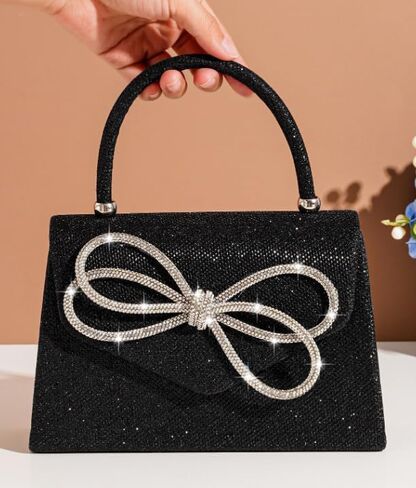 Glitter Bow Decor Square Handbag for Wedding Purses Cocktail Prom - Silver, Black and Champagne golden in Saudi Arabia