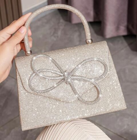Glitter Bow Decor Square Handbag for Wedding Purses Cocktail Prom - Silver, Black and Champagne golden in Saudi Arabia