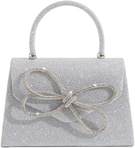 Glitter Bow Decor Square Handbag for Wedding Purses Cocktail Prom - Silver, Black and Champagne golden in Saudi Arabia