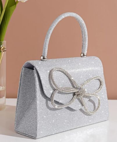 Glitter Bow Decor Square Handbag for Wedding Purses Cocktail Prom - Silver, Black and Champagne golden in Saudi Arabia