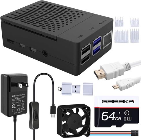 GeeekPi Case with PWM Fan for Raspberry Pi 4, 18W 5V 3.6A Power Supply for Raspberry Pi 4, Heatsinks, 64GB Preloaded (RPI OS) Card, Card Reader, Micro HDMI Cable, for Raspberry Pi 4 8GB/4GB/2GB/1GB in Saudi Arabia