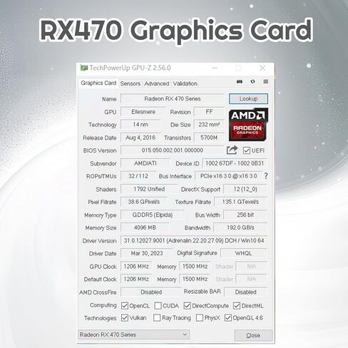 بطاقة رسومات SOYO AMD Radeon RX470، بطاقة فيديو 4 جيجابايت GDDR5 256 بت لألعاب الكمبيوتر مع منفذ عرض HDMI DVI PCI Express x 16 3.0 بطاقة رسومات للألعاب بمروحة واحدة in Kuwait