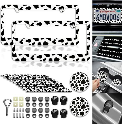 Cow Print License Plate 18 Pcs car Accessories Cow Print License Plate Cover Car Tag Frames for Women or Men Compatible All Vehicle License Plate Tag Cover Fit Accessories Included (18Pcs) in Saudi Arabia