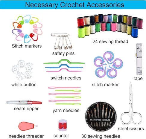 Weabetfu 121 قطعة من خطافات الكروشيه ومجموعة الخياطة، وخطاطيف كروشيه من الألومنيوم وخطاف كروشيه من الدانتيل، وخطاف كروشيه للحياكة، مجموعة كروشيه كاملة للمبتدئين، ملحقات متضمنة للمسافر in Kuwait