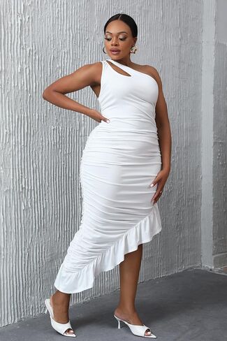 فستان VERWIN Bodycon بدون أكمام مكشكش بكتف واحد مكشكش ملفوف فستان الحفلات بياقة مائلة فستان طويل in Kuwait