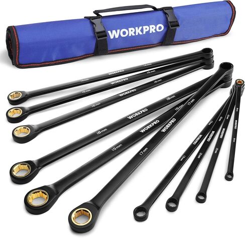 مجموعة مفاتيح ربط طويلة للغاية من WORKPRO، مجموعة مفاتيح ربط مزدوجة مضادة للانزلاق مكونة من 10 قطع، متري 8-19 مم، 72 سنًا، فولاذ Cr-V ومفاتيح طلاء كهربائي أسود مع حقيبة دوارة in Saudi Arabia