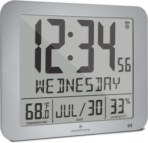 ساعة حائط Marathon Slim Jumbo Atomic، لمسة نهائية خشبية - عرض تقويم كامل كبير، منبه، درجة الحرارة والرطوبة الداخلية، الوقت صباحًا/مساءًا أو تنسيق 24 ساعة، سبع مناطق زمنية in Kuwait
