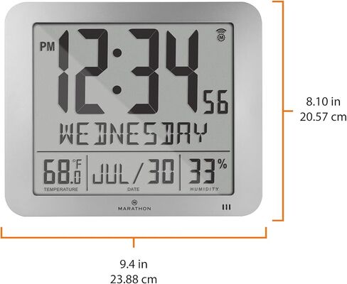 ساعة حائط Marathon Slim Jumbo Atomic، لمسة نهائية خشبية - عرض تقويم كامل كبير، منبه، درجة الحرارة والرطوبة الداخلية، الوقت صباحًا/مساءًا أو تنسيق 24 ساعة، سبع مناطق زمنية in Kuwait