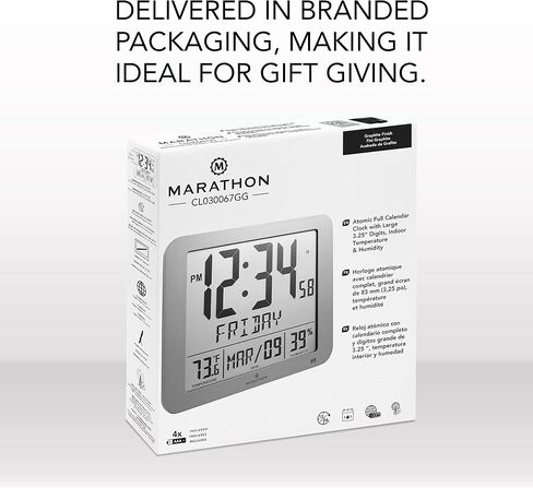 ساعة حائط Marathon Slim Jumbo Atomic، لمسة نهائية خشبية - عرض تقويم كامل كبير، منبه، درجة الحرارة والرطوبة الداخلية، الوقت صباحًا/مساءًا أو تنسيق 24 ساعة، سبع مناطق زمنية in Kuwait