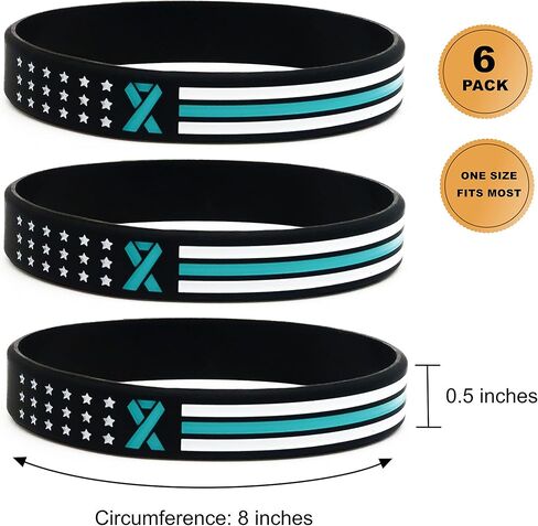 Teal Awareness Ribbon Flag Wristbands (6-pack) - Bulk Pack of Support Bracelets for Anti-Bullying Awareness, Sexual Assault Awareness, Addiction Recovery, Cancer Awareness, Silicone Rubber in Kuwait