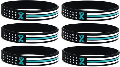 Teal Awareness Ribbon Flag Wristbands (6-pack) - Bulk Pack of Support Bracelets for Anti-Bullying Awareness, Sexual Assault Awareness, Addiction Recovery, Cancer Awareness, Silicone Rubber in Kuwait