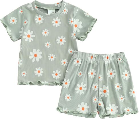 Toddler Baby Girl Summer Clothes Ribbed Daisy Tops+Elastic Flowy Ruffle Edge Shorts Outfits 2Pcs Casual Homewear in Saudi Arabia