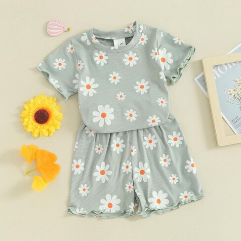 Toddler Baby Girl Summer Clothes Ribbed Daisy Tops+Elastic Flowy Ruffle Edge Shorts Outfits 2Pcs Casual Homewear in Saudi Arabia