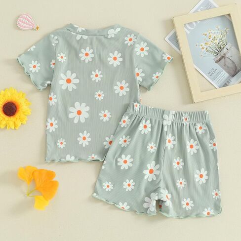 Toddler Baby Girl Summer Clothes Ribbed Daisy Tops+Elastic Flowy Ruffle Edge Shorts Outfits 2Pcs Casual Homewear in Saudi Arabia