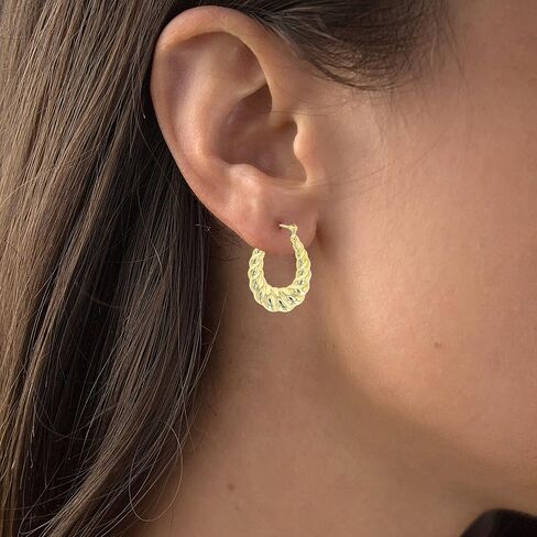 14K Yellow Gold High Polished Shrimp Twisted Hoop Earrings with Hinged Clasp | Various Sizes | Earrings For Sensitive Ears | Solid Gold Earrings For Women and Girls in Kuwait