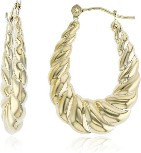 14K Yellow Gold High Polished Shrimp Twisted Hoop Earrings with Hinged Clasp | Various Sizes | Earrings For Sensitive Ears | Solid Gold Earrings For Women and Girls in Kuwait