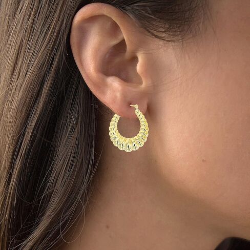 14K Yellow Gold High Polished Shrimp Twisted Hoop Earrings with Hinged Clasp | Various Sizes | Earrings For Sensitive Ears | Solid Gold Earrings For Women and Girls in Kuwait