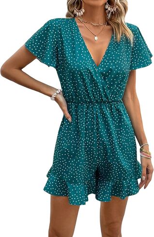 Milumia Women's Polka Dots Wrap Ruffle Hem Short Sleeve Romper V Neck Shorts Jumpsuit Teal Blue X-Large in Saudi Arabia
