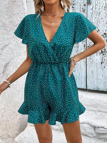 Milumia Women's Polka Dots Wrap Ruffle Hem Short Sleeve Romper V Neck Shorts Jumpsuit Teal Blue X-Large in Saudi Arabia