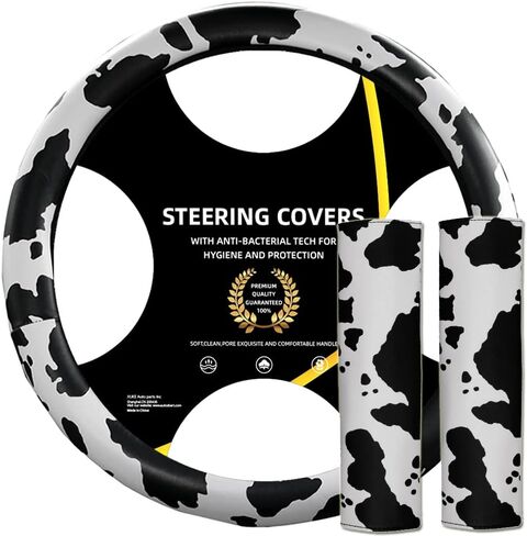 AUTOXBERT 3Pcs Cow Print Steering Wheel Cover Set 15Inch Wheel Protector and 2 Pack Seat Belt Shoulder Pad Non Slip Car Interior Decorations in Saudi Arabia