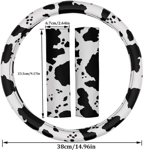 AUTOXBERT 3Pcs Cow Print Steering Wheel Cover Set 15Inch Wheel Protector and 2 Pack Seat Belt Shoulder Pad Non Slip Car Interior Decorations in Saudi Arabia