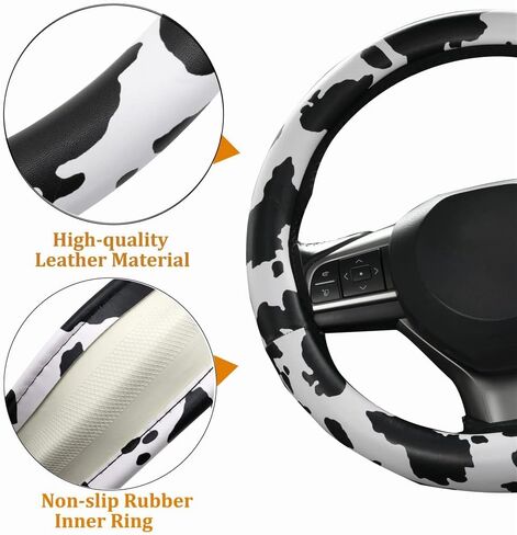 AUTOXBERT 3Pcs Cow Print Steering Wheel Cover Set 15Inch Wheel Protector and 2 Pack Seat Belt Shoulder Pad Non Slip Car Interior Decorations in Saudi Arabia