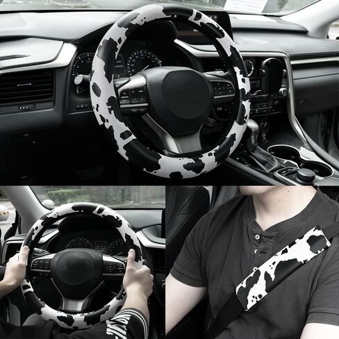 AUTOXBERT 3Pcs Cow Print Steering Wheel Cover Set 15Inch Wheel Protector and 2 Pack Seat Belt Shoulder Pad Non Slip Car Interior Decorations in Saudi Arabia