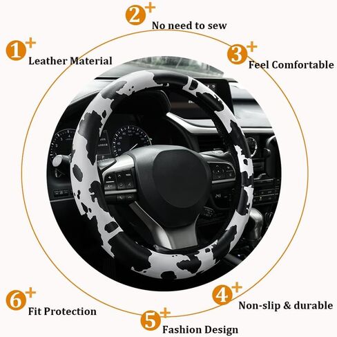 AUTOXBERT 3Pcs Cow Print Steering Wheel Cover Set 15Inch Wheel Protector and 2 Pack Seat Belt Shoulder Pad Non Slip Car Interior Decorations in Saudi Arabia