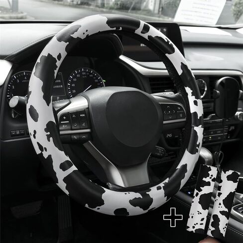 AUTOXBERT 3Pcs Cow Print Steering Wheel Cover Set 15Inch Wheel Protector and 2 Pack Seat Belt Shoulder Pad Non Slip Car Interior Decorations in Saudi Arabia