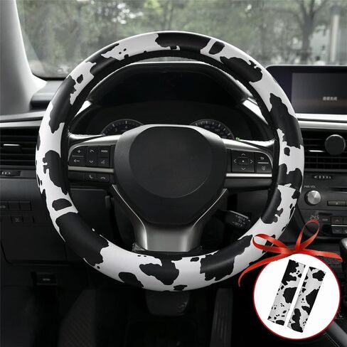 AUTOXBERT 3Pcs Cow Print Steering Wheel Cover Set 15Inch Wheel Protector and 2 Pack Seat Belt Shoulder Pad Non Slip Car Interior Decorations in Saudi Arabia