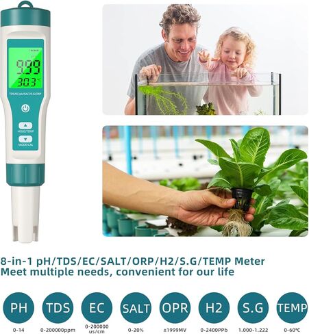 مقياس الرقم الهيدروجيني، مقياس NIRIAHO TDS 8 في 1، جهاز اختبار pH PPM متر EC متر اختبار الملح ORP H2 اختبار درجة الحرارة نطاق رقمي مع 0-14، 0.001 دقة عالية، مثالي للمياه/حمام السباحة/حوض السمك/النبيذ (8 في 1) مقياس الرقم الهيدروجيني) in Kuwait
