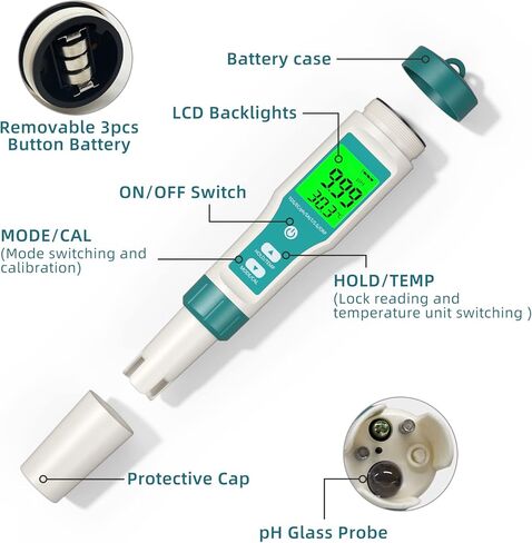 مقياس الرقم الهيدروجيني، مقياس NIRIAHO TDS 8 في 1، جهاز اختبار pH PPM متر EC متر اختبار الملح ORP H2 اختبار درجة الحرارة نطاق رقمي مع 0-14، 0.001 دقة عالية، مثالي للمياه/حمام السباحة/حوض السمك/النبيذ (8 في 1) مقياس الرقم الهيدروجيني) in Kuwait