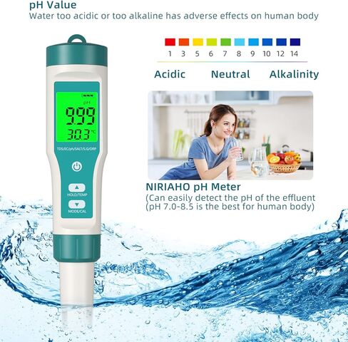 مقياس الرقم الهيدروجيني، مقياس NIRIAHO TDS 8 في 1، جهاز اختبار pH PPM متر EC متر اختبار الملح ORP H2 اختبار درجة الحرارة نطاق رقمي مع 0-14، 0.001 دقة عالية، مثالي للمياه/حمام السباحة/حوض السمك/النبيذ (8 في 1) مقياس الرقم الهيدروجيني) in Kuwait