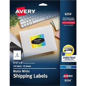 Avery Matte White Shipping Labels, Sure Feed Technology, Permanent Adhesive, 3-1/3" x 4", 120 Labels (8254)