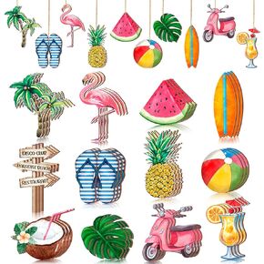 Maitys 36 Pcs Summer Tree Ornaments Beach Wooden Slices Decorative Hanging Decoration Flamingo Coconut Pendant Decorations with String for Hawaiian Luau Party Supplies Outdoor(Hawaiian)