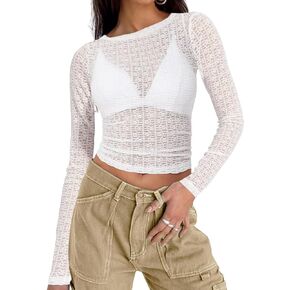 Women's Long Sleeve Crewneck Cut Out Back Lace T Shirts Sexy Mesh Slim Fit Y2k Going Out Crop Tops Streetwear