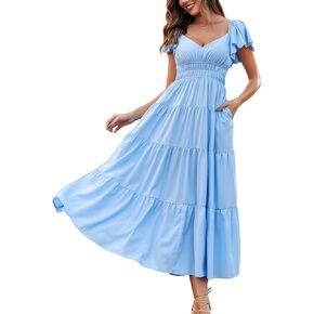 Jusfitsu Flowy Maxi Dresses for Women 2024 V Neck Casual Summer Dress with Pockets Flutter Sleeve Beach Dress