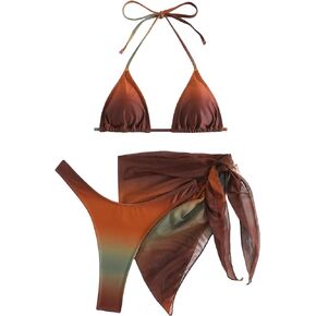 GORGLITTER Women's 3 Piece Swimsuits Triangle Bikini Set with Mesh Cover Up Beach Skirt