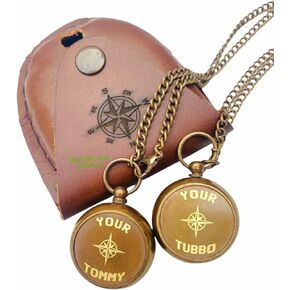 Antique Compass Your Tommy Your Tubbo Nautical Locket Compass Engraved Brass Compass with Leather Case Chain Compass (Both), Dark Brown